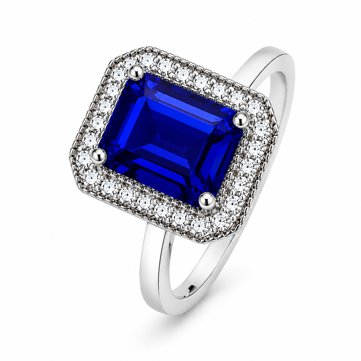 Sterling Silver Rectangular Sapphire Halo Ring - eva victoria ireland